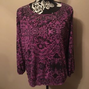 CATHY DANIELS LG PURPLY-PINK, & BLUISH-BLACK & SILVER SPARKLY EMBELLISHED TOP